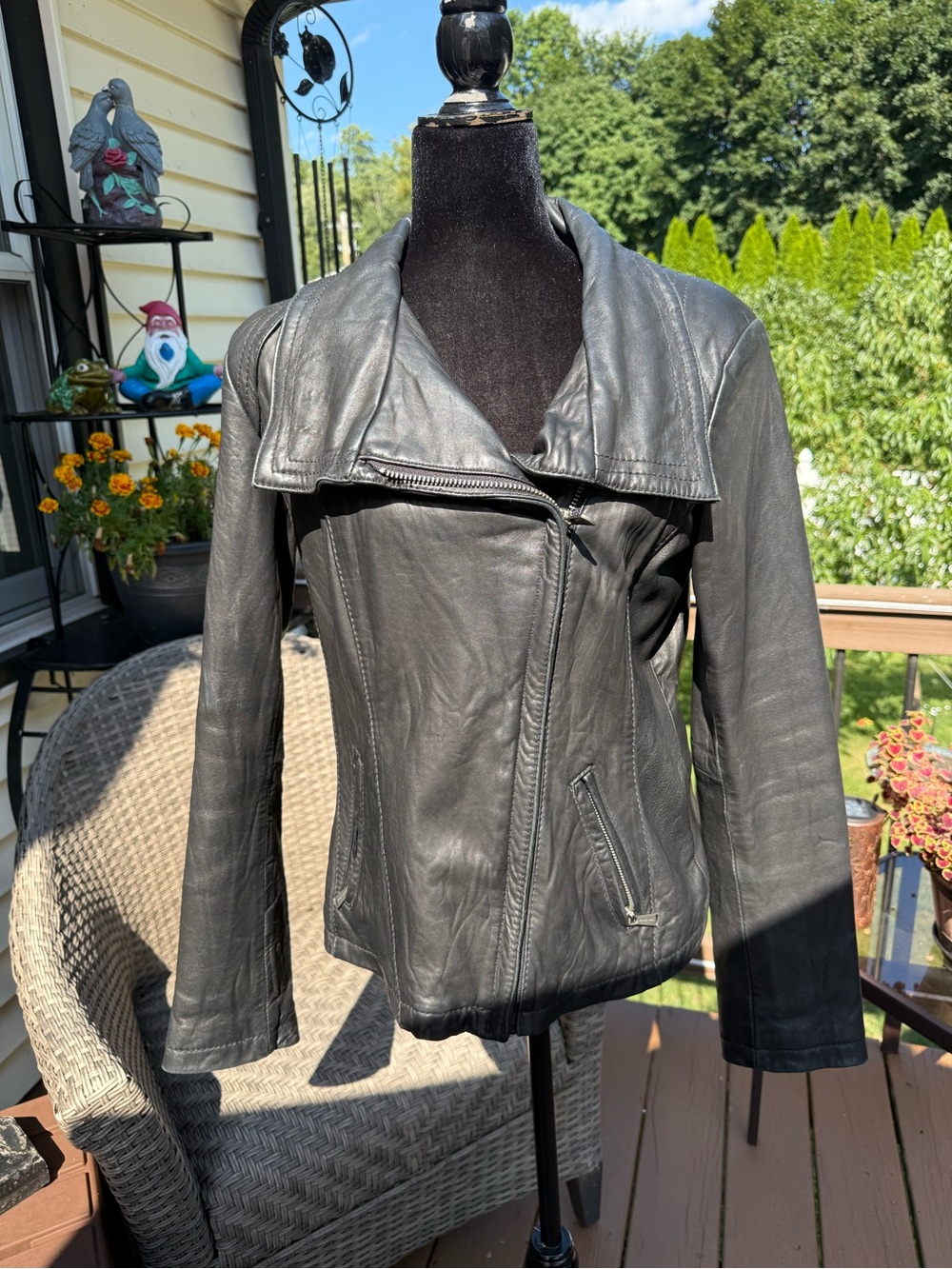 Black Leather Asymmetrical Zip Jacket with Wide Collar Michael Kors